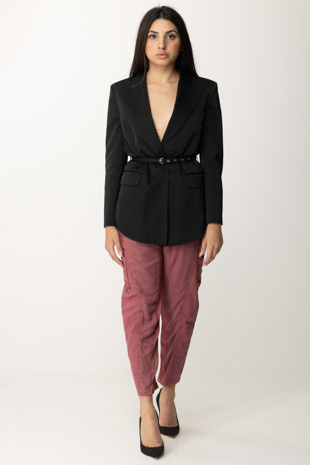 Preview: Pinko Satin jacket with belt NERO LIMOUSINE