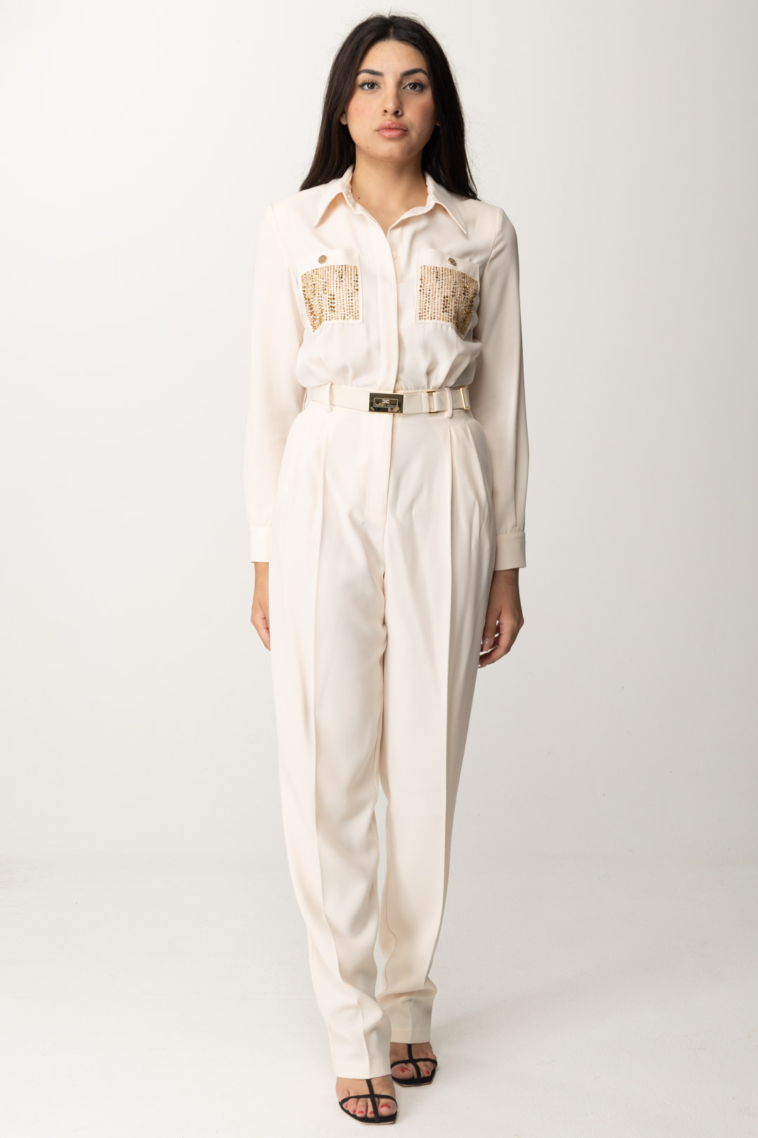 Preview: Elisabetta Franchi Long jumpsuit with embroidered pockets Burro