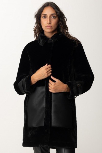 Twin-Set  Faux Fur Coat with Leather Inserts 242TP2381 NERO