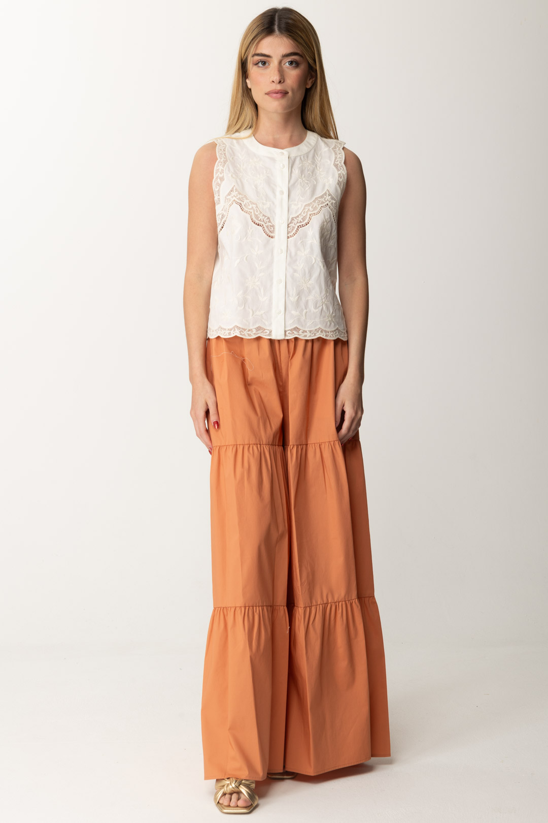 Preview: Twin-Set Top with floral embroidery BIANCO OTTICO