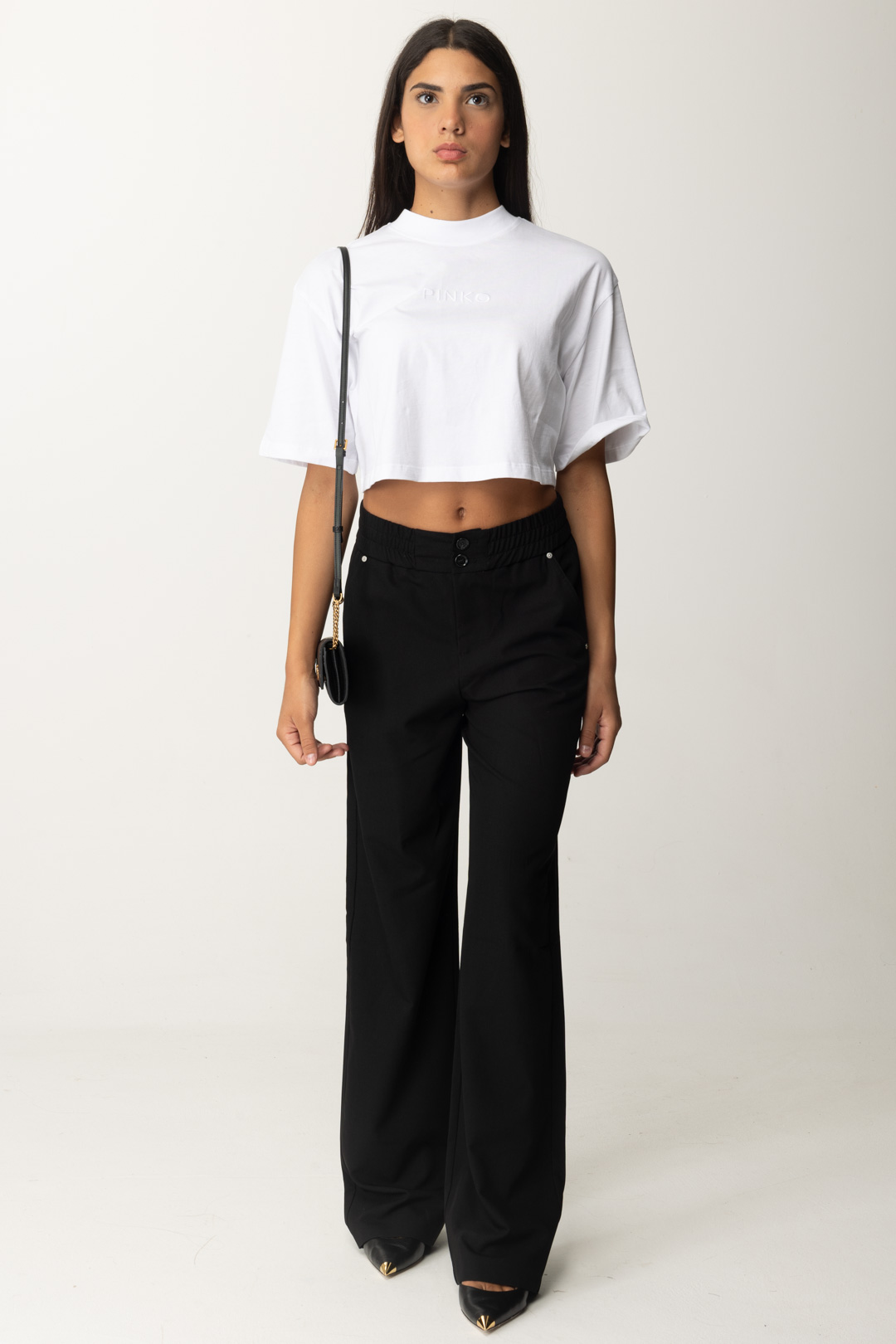 Anteprima: Pinko T-shirt crop over con ricamo logo BIANCO BRILL