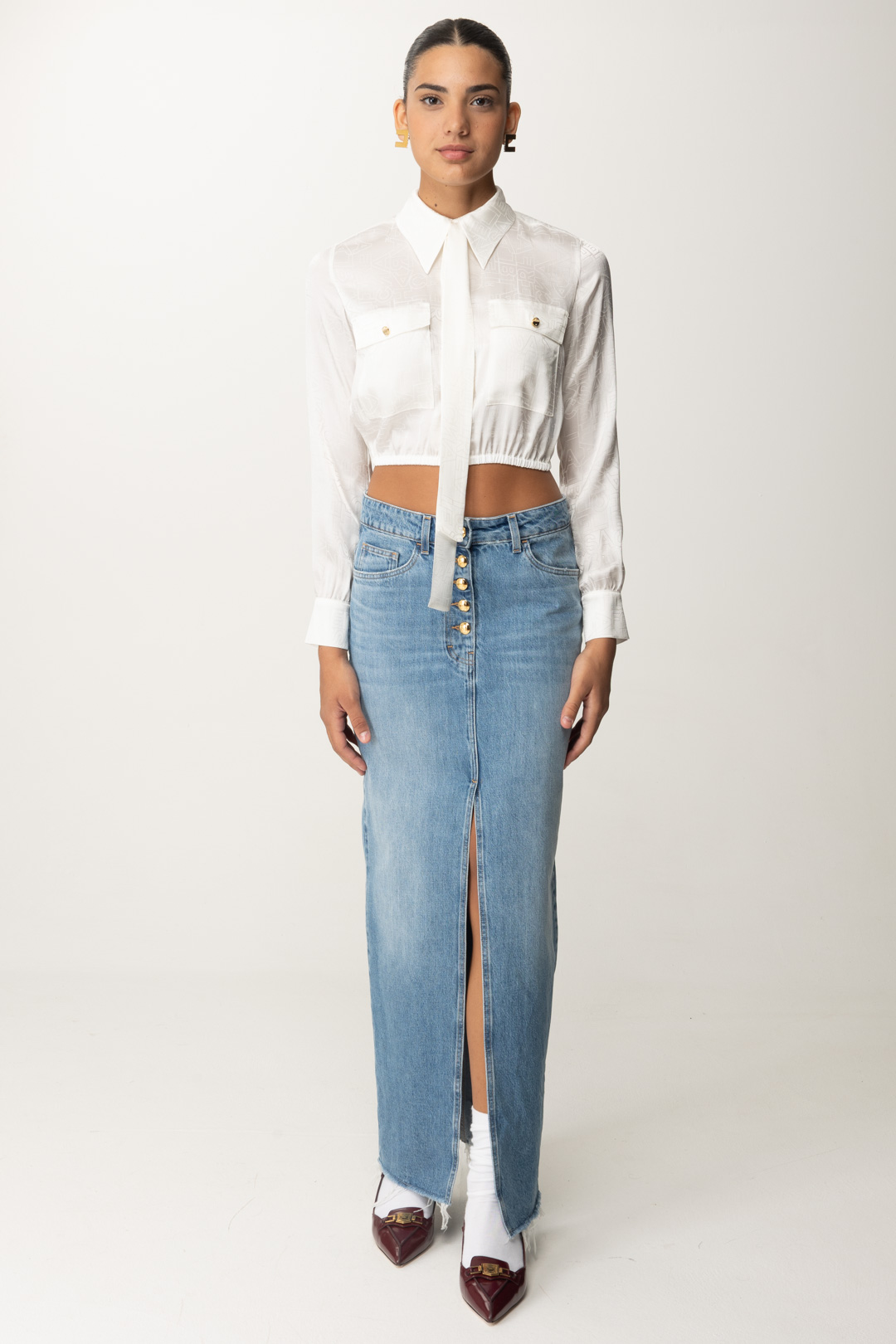 Preview: Elisabetta Franchi Long Denim Skirt with Front Slit LIGHT DENIM