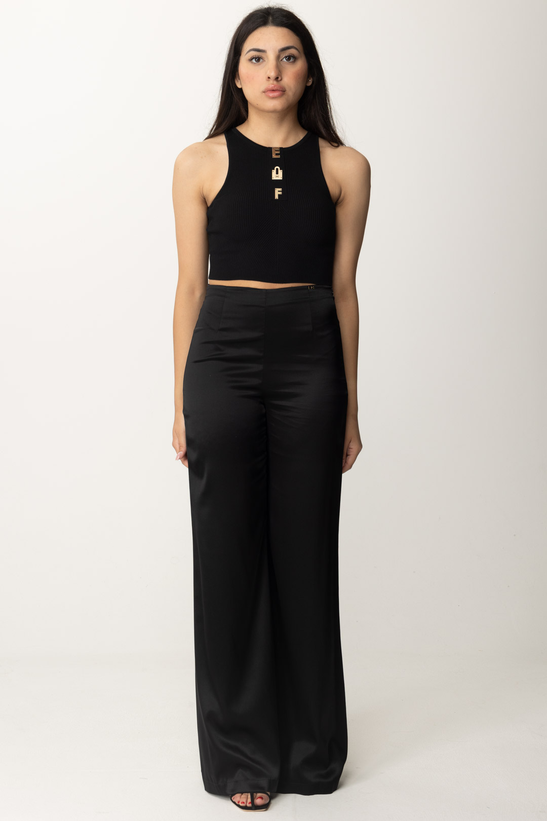 Anteprima: Elisabetta Franchi Top cropped in viscosa con lettering Nero