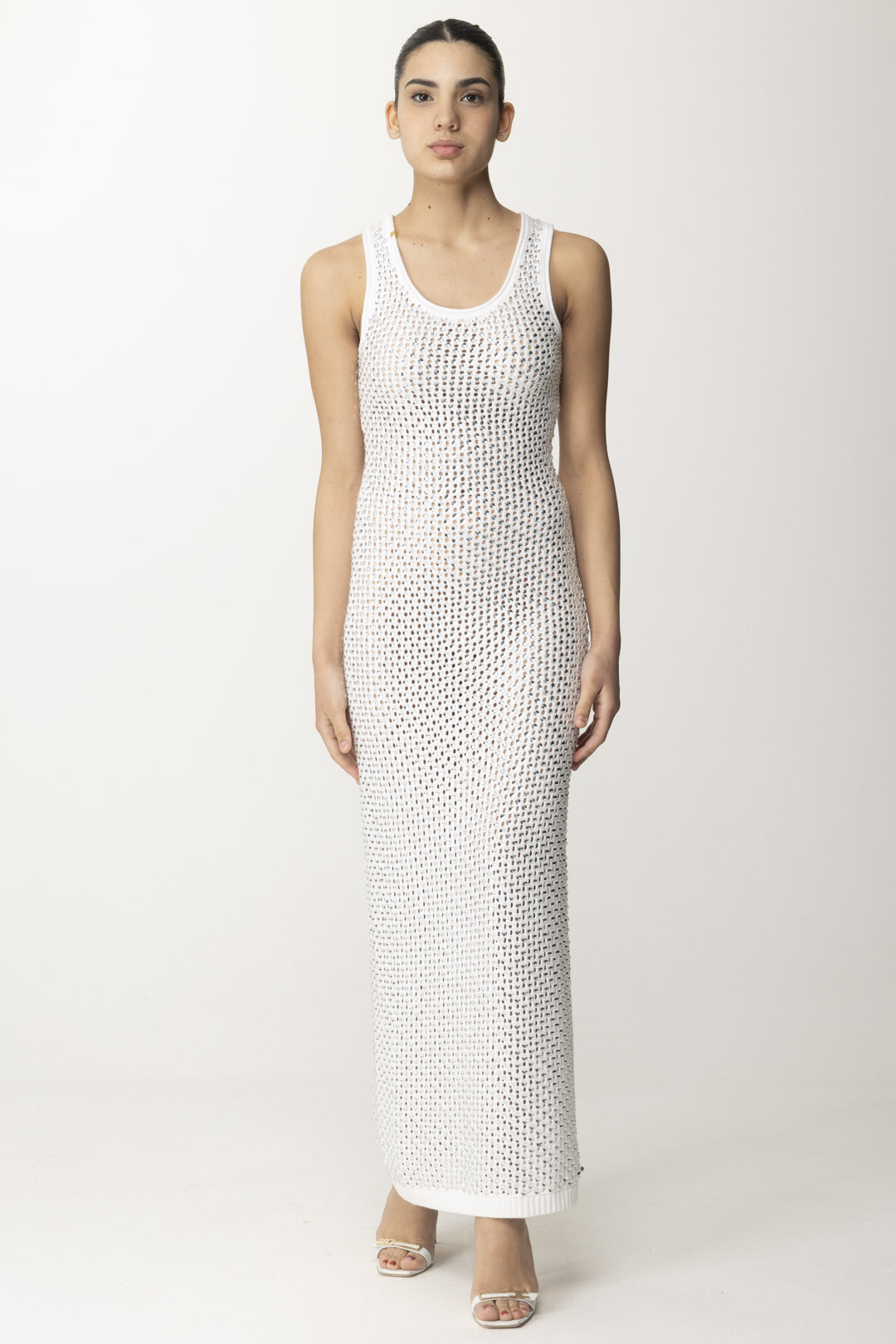 Preview: Elisabetta Franchi Net stitch dress with rhinestones Avorio