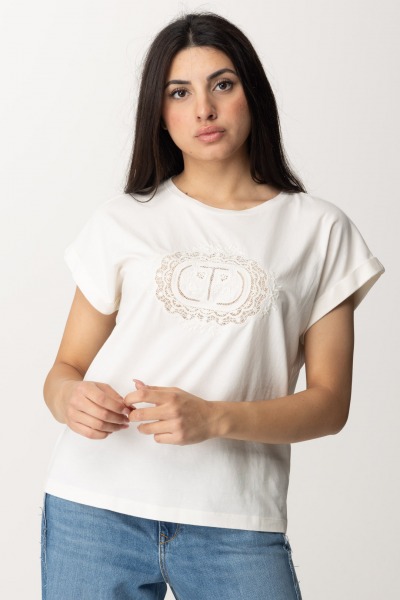 Twin-Set  Camiseta con bordado de encaje Oval T 241TT2144 BIANCO OTTICO