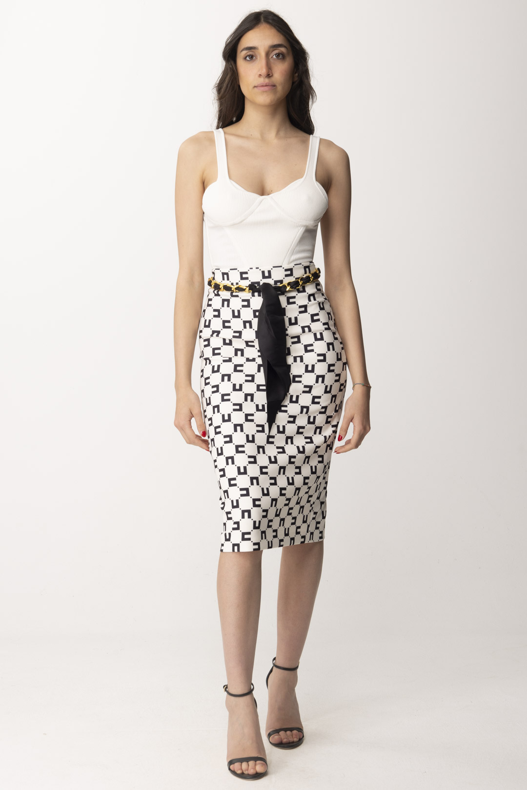 Preview: Elisabetta Franchi Logo-print pencil skirt with belt Burro/Nero