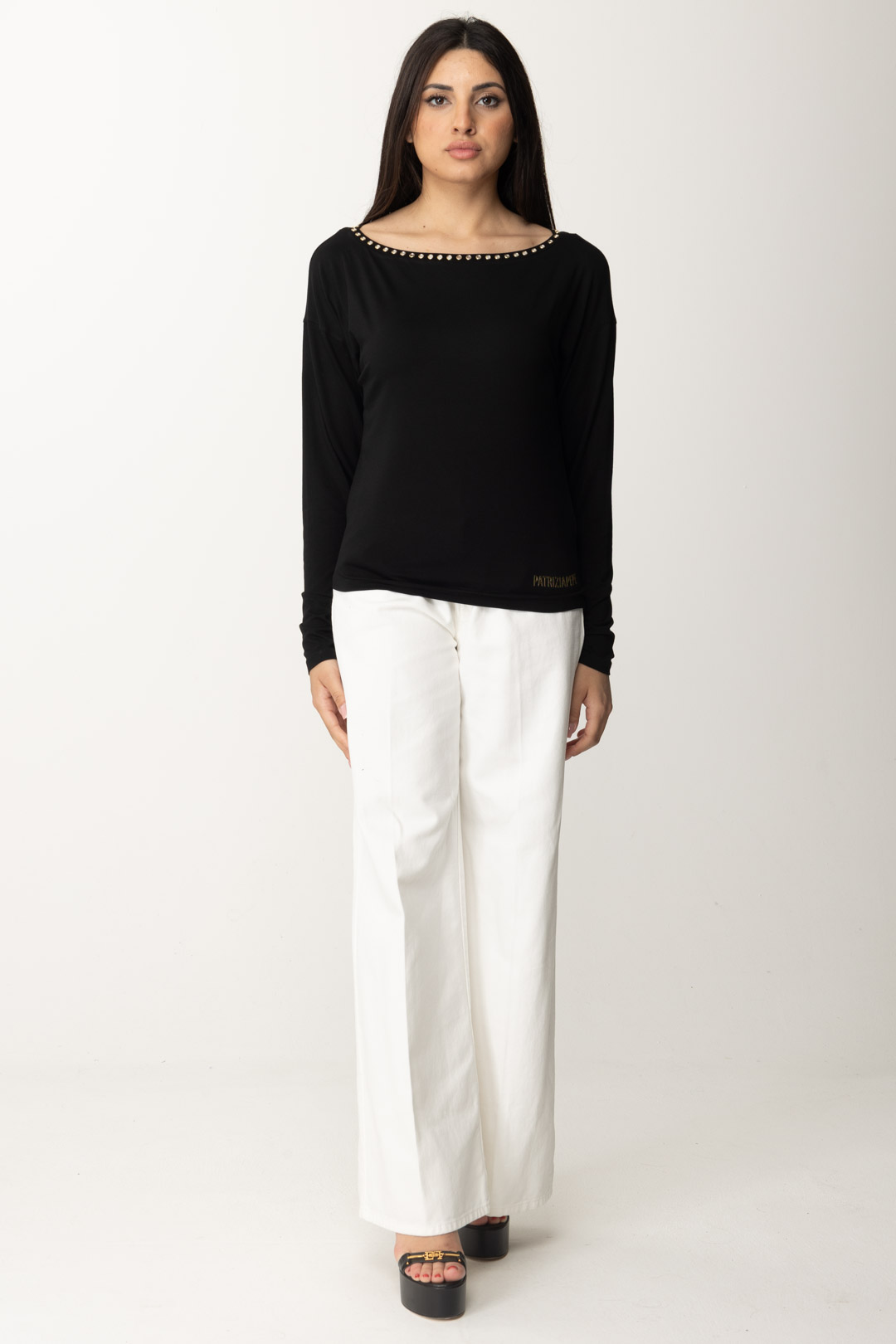 Preview: Patrizia Pepe T-shirt with mirrors at the neckline Nero