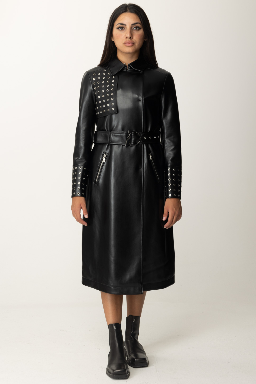 Preview: Patrizia Pepe Long eco-leather trench coat Nero