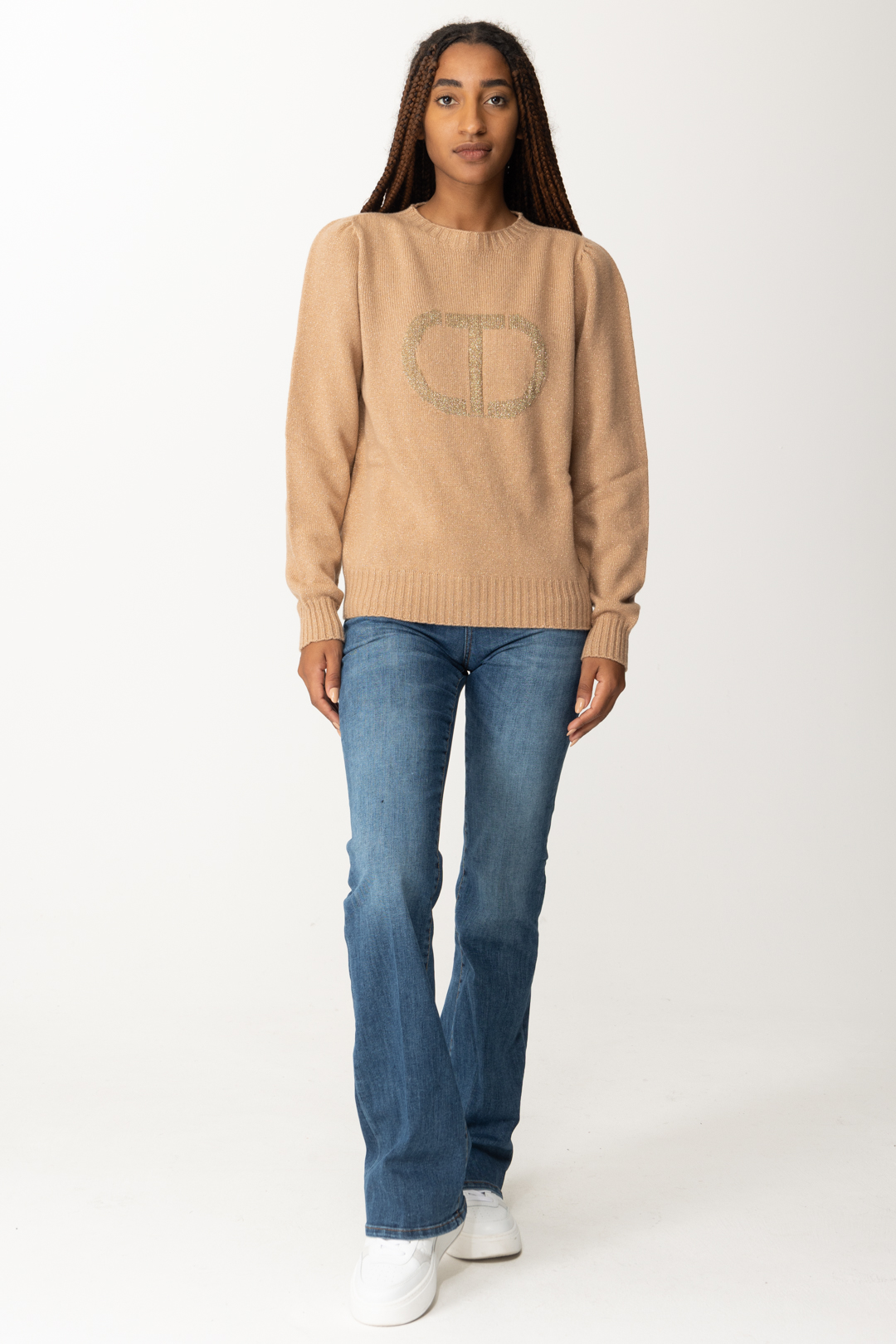Wool and lurex blend jumper with Oval T Woman, Brown