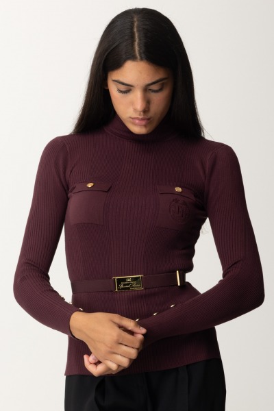 Elisabetta Franchi  Pull col roulé côtelé avec logo brodé MK11B46E2 ROUGE NOIR