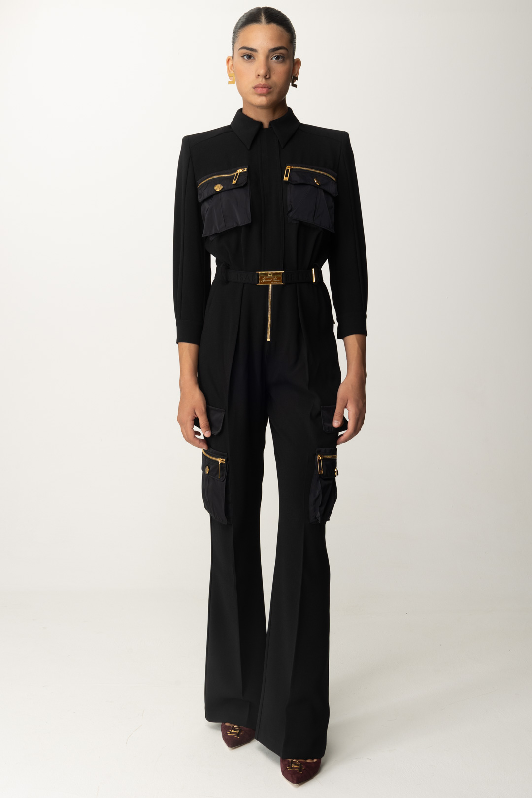 Preview: Elisabetta Franchi Long jumpsuit with belt and pockets Nero