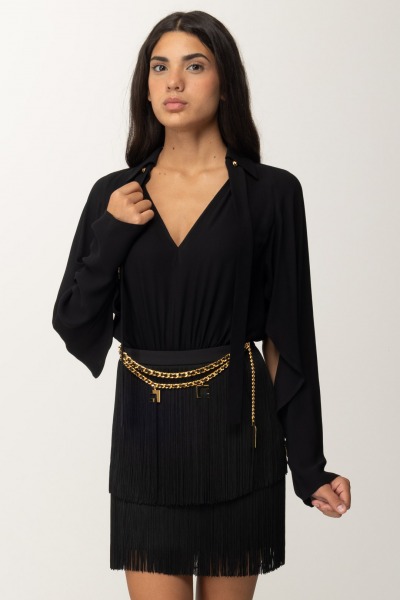 Elisabetta Franchi  Mini Dress with Fringes and Charm Belt AB65446E2 NERO