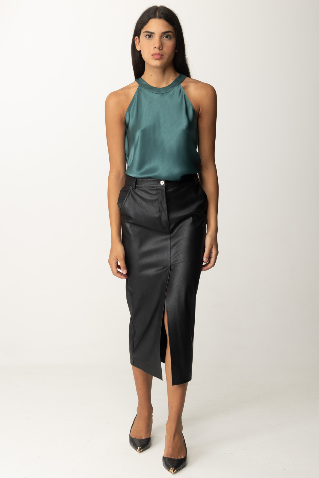 Preview: Pinko Satin Top with Bow VERDE BOTTIGLIA SCURO