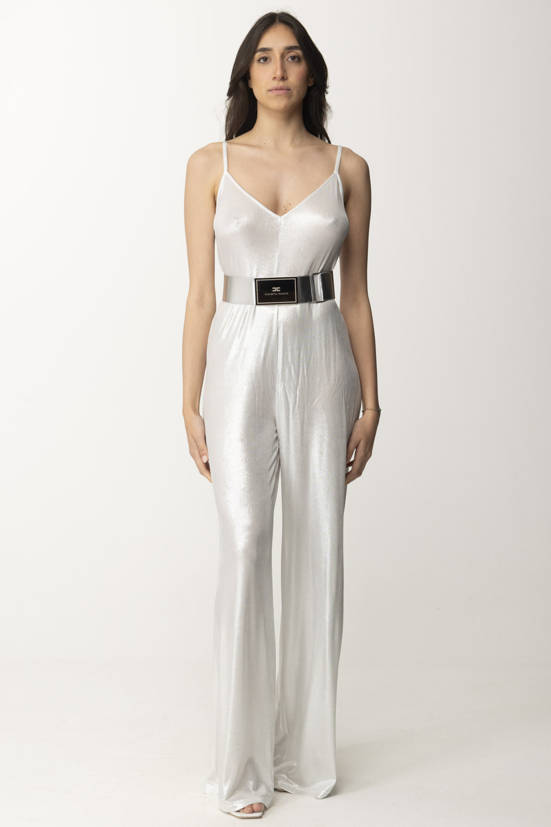 Preview: Elisabetta Franchi Laminated ribbed viscose jumpsuit with belt Argento