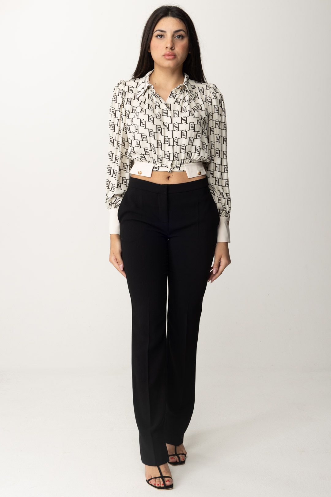 Preview: Elisabetta Franchi Crop Shirt with Logo Print Burro/Nero