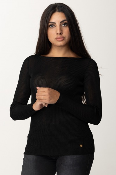 Elisabetta Franchi  Pull en viscose côtelé avec plaque logo MK05Q46E2 NERO