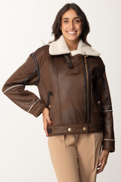 Elisabetta Franchi  Leather-effect aviator jacket CP60A46E2 CUOIO