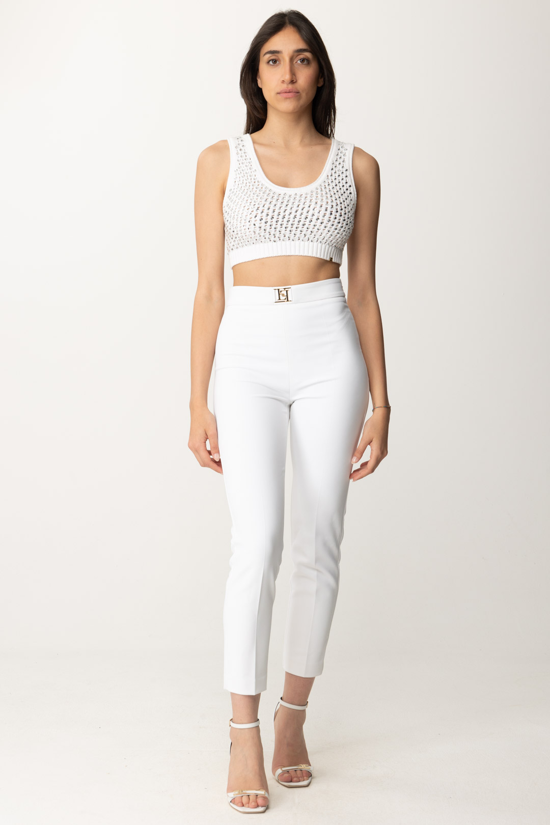 Vorschau: Elisabetta Franchi Crop-Top aus Mesh mit Pailletten Avorio